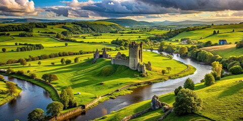 majestic green landscape of irish countryside with ancient ruins and meandering river, lush, picture