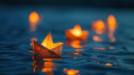 Wall Mural - Paper Boat With Candles on Water