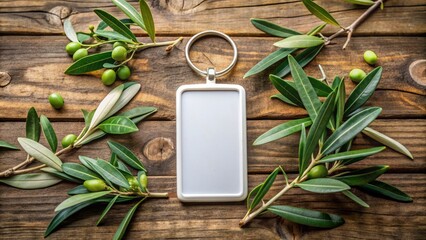 Wall Mural - Isolated white sublimation keychain lies among lush green olive leaves on rustic wood background showcasing design display.
