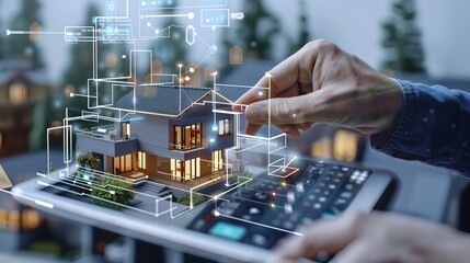 An innovative depiction of modern real estate analysis using a tablet to display a detailed 3D model of a house, symbolizing advanced technology in property management.