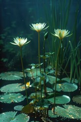 Wall Mural - Group of water lilies floating on the surface of a calm pond