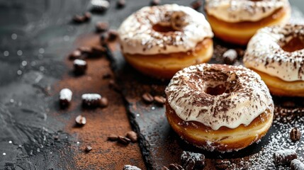 Canvas Print - Delicious donuts with tiramisu topping on black backdrop