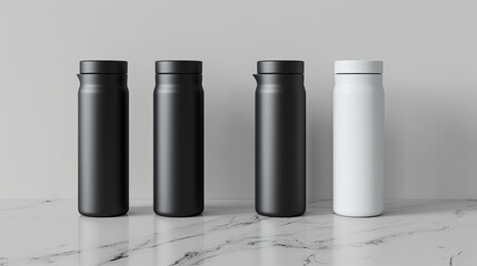 Poster - White Gray and Black Thermos Bottles. Aluminium Thermos Bottle on White Background. 3d rendering mockup