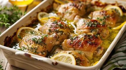 Wall Mural - A plate of juicy chicken served with sliced lemons and fresh herbs, great for a healthy meal or as a main course