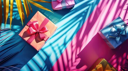 Poster - Fashion and beauty theme with colorful shadows and present box