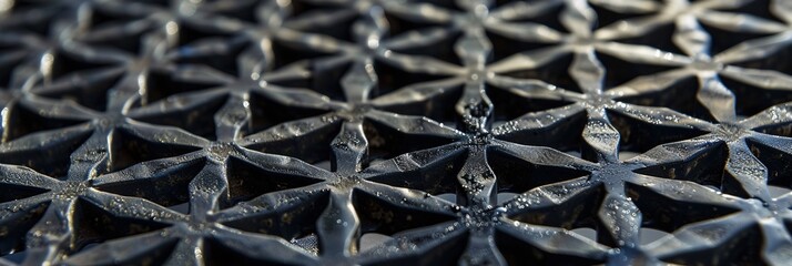 Wall Mural - Close-Up of a Black Metal Grating with a Geometric Pattern