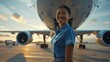 © willian - Beautiful smiling flight attendant next to an aircraft