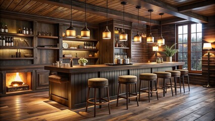 Wall Mural - Cozy masculine retreat with rustic wooden bar, stools, and warm ambient lighting, surrounded by dark wood paneling and decor.