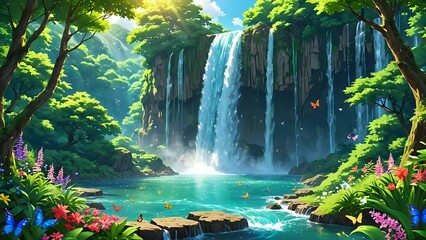 A majestic waterfall in a lush green forest, sparkling in the sunlight, surrounded by vibrant flowers and butterflies, anime style 