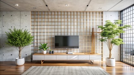 Wall Mural - Modern minimalist white living room with grid patterned cement wall, wooden TV stand, and tree in glass vase, showcasing sleek smart TV.