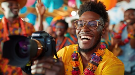 A photographer dressed in bright, intricate clothing takes a picture amid a bustling festival filled with vibrant colors and energetic participants in the background.