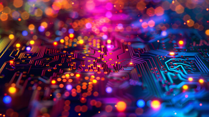 Canvas Print - Colorful glowing lights pattern on electronic board with bokeh effect