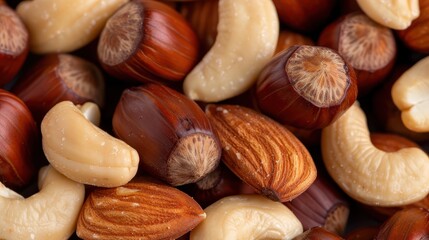 A detailed macro shot of assorted nuts such as almonds, cashews, and hazelnuts, emphasizing their texture and natural appearance, great for showcasing healthy nut varieties.