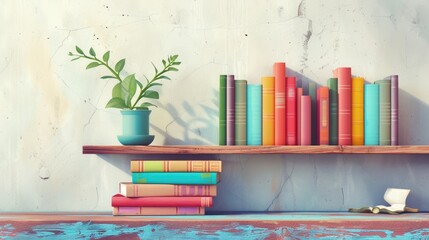 Wall Mural - Vivid books on shelf with white wall behind