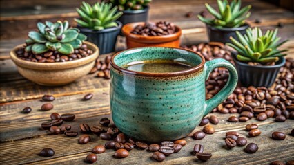 Wall Mural - Rustic ceramic coffee mug with speckled turquoise glaze rests on wooden table amidst scattered coffee beans and potted succulents backdrop.
