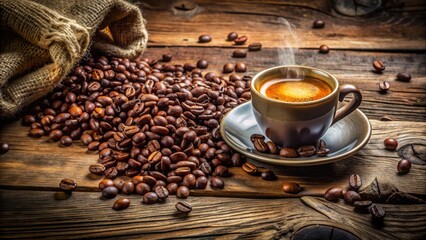 Wall Mural - Retro-themed still life featuring aromatic espresso coffee cup surrounded by scattered coffee beans on distressed wooden vintage table surface.