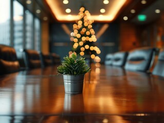 Wide Scene of Empty Boardroom Table with Christmas Tree in Background, Corporate Meeting Space, Business Conference Room, Holiday Decor, Festive Atmosphere, Modern Office