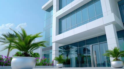 Modern Office Building Exterior, Wide Scene of a Contemporary Workspace with Glass Facade and Lush Greenery