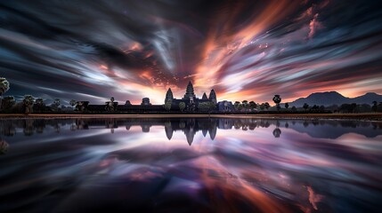 Wall Mural - A tranquil dawn at Angkor Wat, reflected in a calm pond, intricate carvings, high-resolution digital art, panoramic view, warm hues, photorealistic style