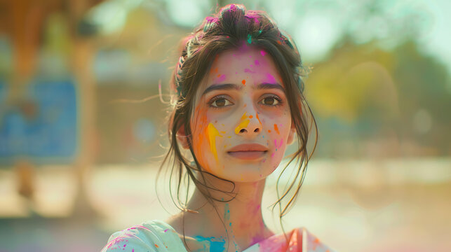 Hipster south asian indian female model playing holi.