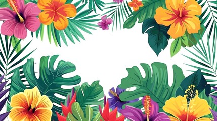 Wall Mural - tropical leaf and flower on white background