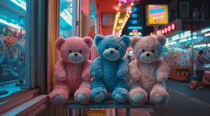 Pink and blue teddy bears sitting on shelves in the background of a carnival game at night with neon lights,