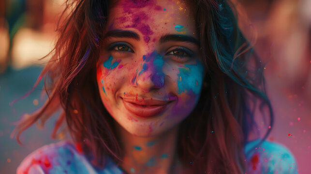 Closeup shot of a south Asian female with colorful face.