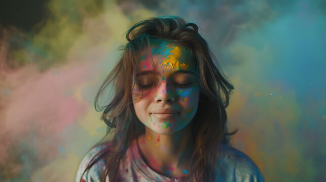 Closeup shot of a south Asian female with colorful face with closed eyes.