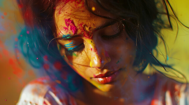 Closeup shot of a south Asian female with colorful face with closed eyes.