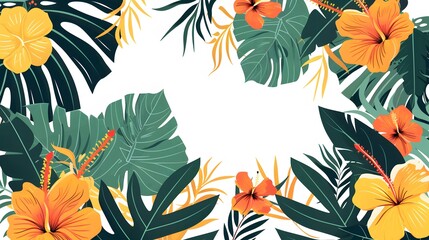 Wall Mural - tropical leaf and flower on white background