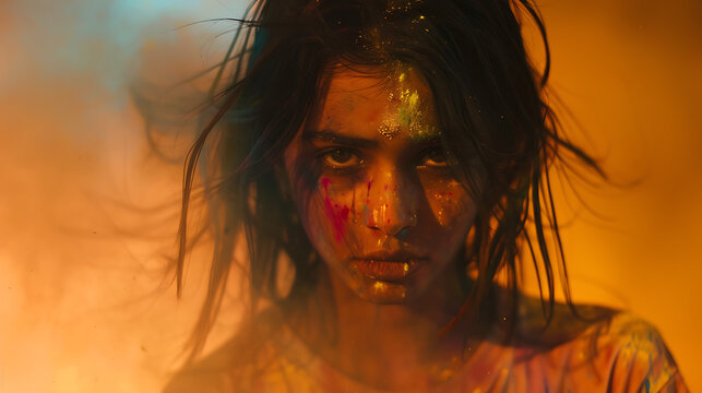 Closeup shot of a south Asian female with colorful face.