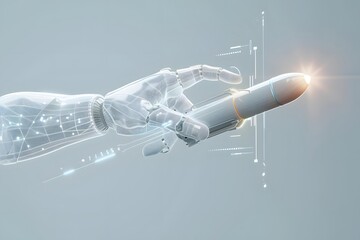 Wall Mural - Futuristic robotic hand holding rocket with glowing tip, symbolizing innovation and tech advancement