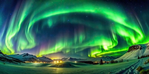 Panoramic view of a stunning green aurora dancing over the hills , Aurora, green, night sky, beautiful, landscape