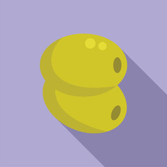 Wall Mural - Two green olives are lying on top of each other casting a long shadow on a purple background