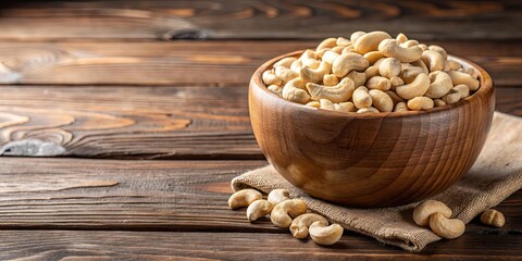 Wall Mural - Bowl of cashew nuts on wooden board, cashews, nuts, snack, healthy, organic, food, wooden, board, bowl, rustic, natural