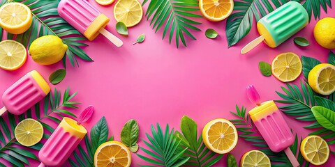 Hello Summer with floaters, popsicles, lemons in vibrant pink tropical holiday vibe, summer, hello,floaters, popsicles, lemons