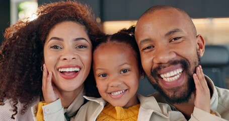 Poster - Black family, face and smile on home with girl, parents and child together in living room for bonding with love. Happiness, weekend break and relax or caring people, hug and support in apartment