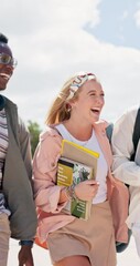 Poster - Walking, happy and students together in outdoor with friends on campus for learning, academic scholarship and education. Diversity, backpack and college for knowledge, opportunity and development.