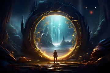 Fantasy illustration depicting a magic portal glowing with fantastic energy, inviting the observer into an alien world, night scene framed in mystic gold wood.