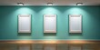 © Udomner - Modern art gallery with three blank frames on soft aqua wall, ambient light, rendering, art, gallery