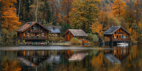 Wall Mural - several wooden cabins on the shore of an autumn lake, generative AI