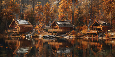 Wall Mural - several wooden cabins on the shore of an autumn lake, generative AI