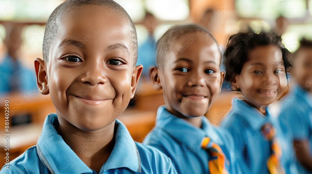 Three happy children smiling in a classroom, wearing blue uniforms and ...