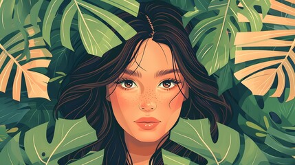 Woman with dark hair surrounded by green tropical leaves. Digital illustration portrait. Nature and beauty concept for design and print