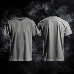 Canvas Print - mock up front and back view of plain grey t-shirt product, black background with light smoke, Ai Generated Images