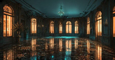 beautiful interior of palace house mansion entrance doorway with floral embellishments to balcony terrace and ballroom with tall art deco windows and art nuevo gothic design.