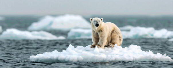 a lone polar bear on a small ice floe surrounded by open water, illustrating habitat loss due to glo
