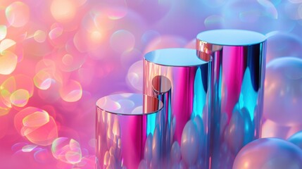 Three shiny, reflective metallic columns with a colorful bokeh background, creating a modern and vibrant abstract scene.