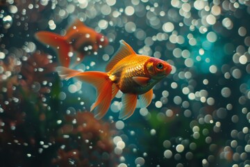 Wall Mural - Goldfish in aquarium with bright aquatic decorations