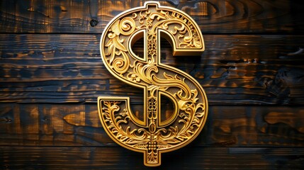 Ornate golden dollar sign displayed on dark wooden background, symbolizing wealth, luxury, and financial success.